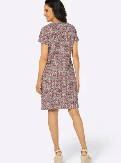 Kleider| Druckkleid mit asymmetrischer Zierknopfleiste rotbraun-ecru-bedruckt
