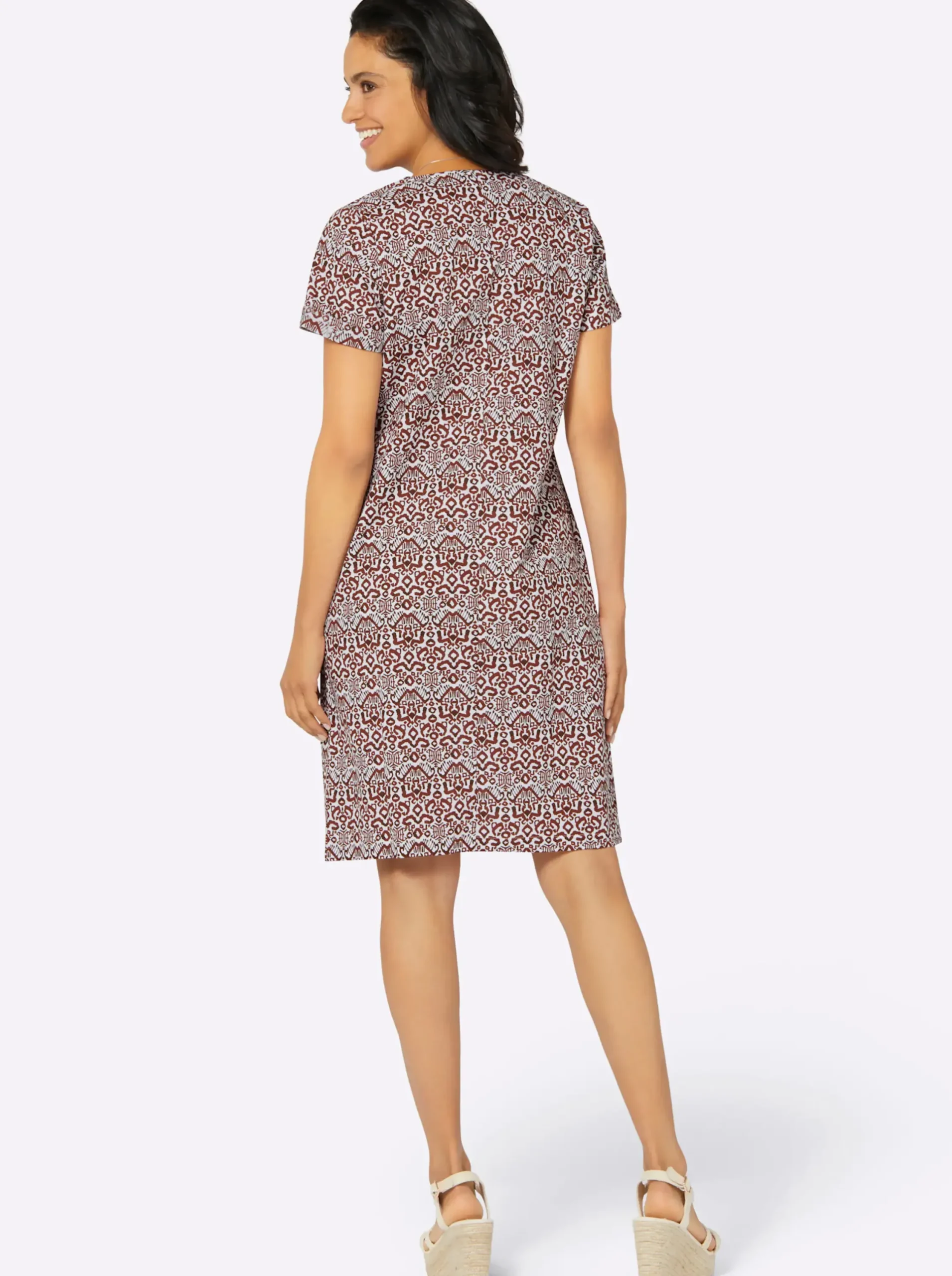Kleider| Druckkleid mit asymmetrischer Zierknopfleiste rotbraun-ecru-bedruckt