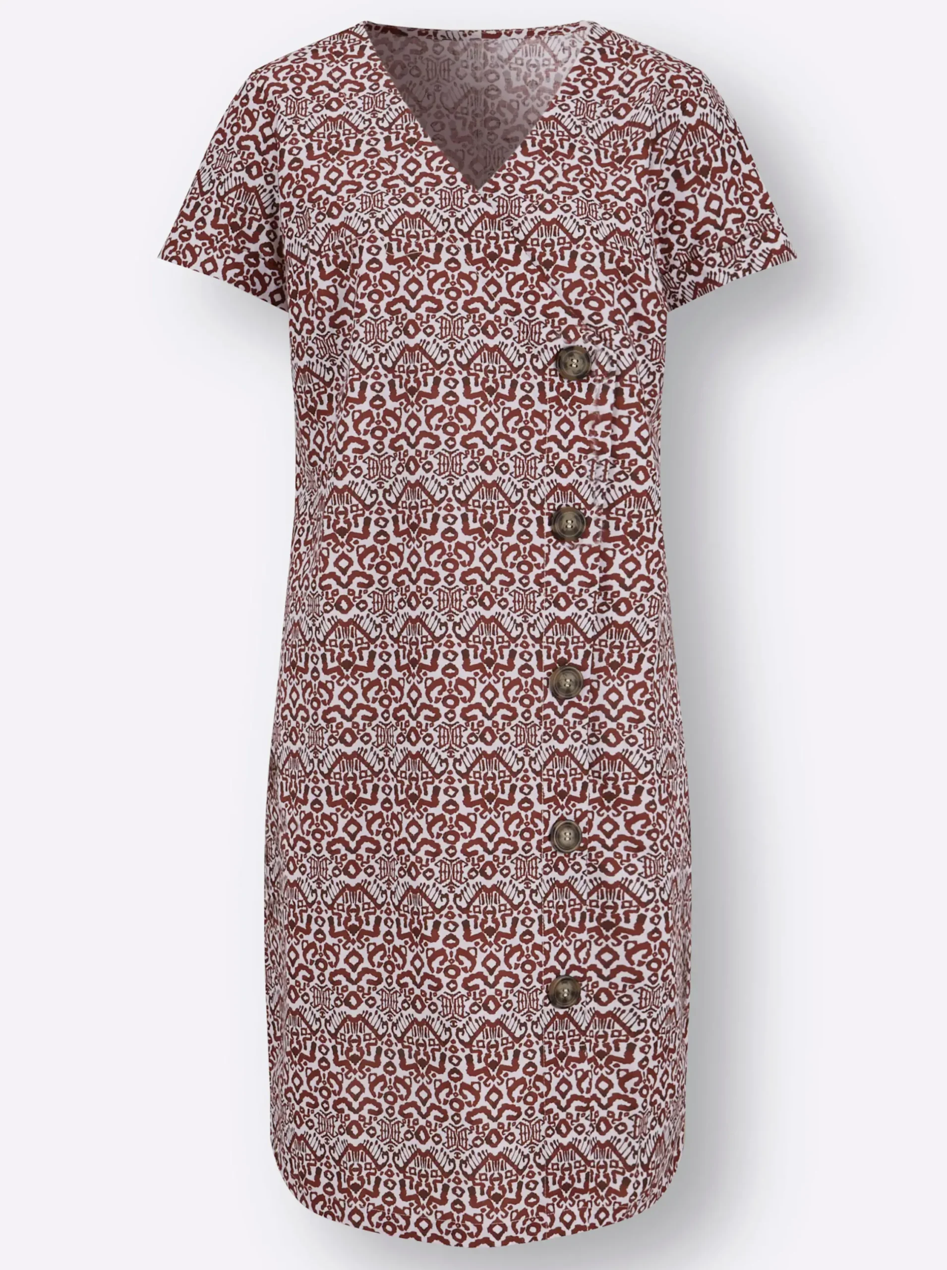 Kleider| Druckkleid mit asymmetrischer Zierknopfleiste rotbraun-ecru-bedruckt