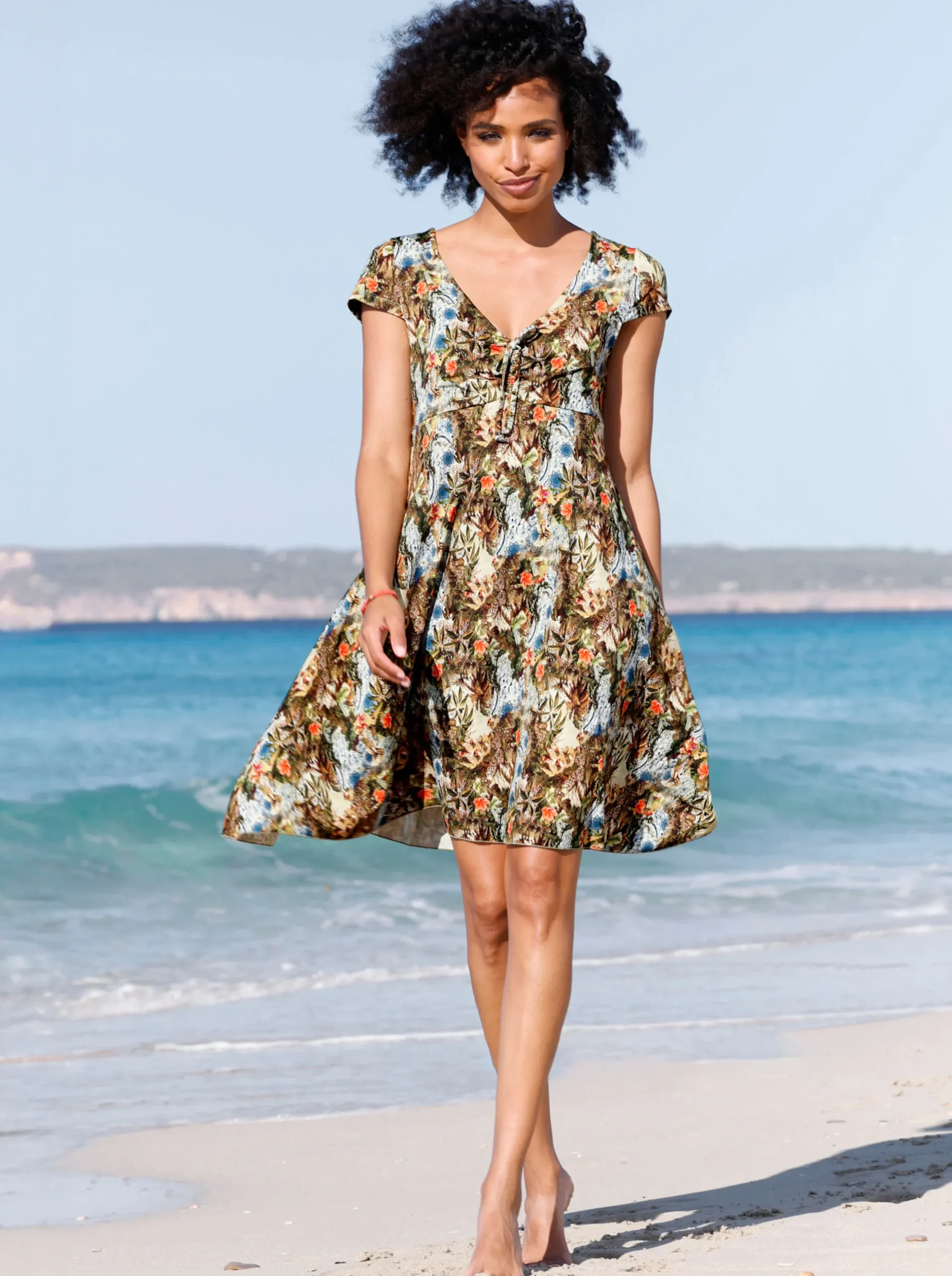 Kleider|heine Druckkleid mit Bindeband khaki-ecru-bedruckt