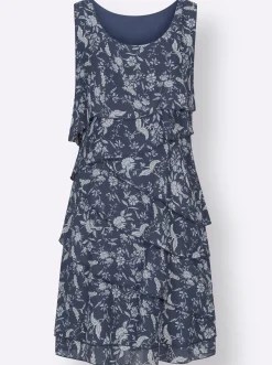 Kleider| Druckkleid mit Lagen, geblümt rauchblau-bedruckt