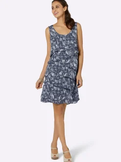 Kleider| Druckkleid mit Lagen, geblümt rauchblau-bedruckt