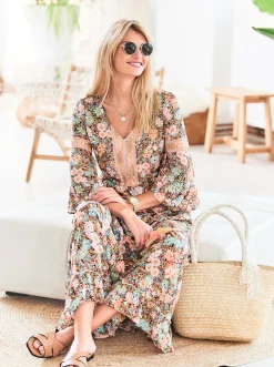 Strandkleider|heine Druckkleid mit Trompetenärmeln schwarz-mandarine-bedruckt
