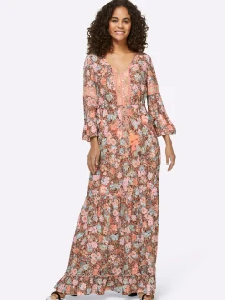 Strandkleider|heine Druckkleid mit Trompetenärmeln schwarz-mandarine-bedruckt