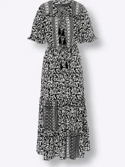 Kleider|heine Druckkleid mit Volant, geblümt schwarz-beige-bedruckt