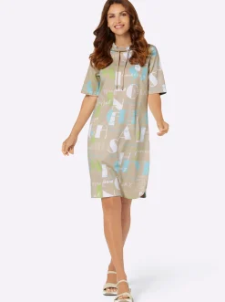 Kleider| Druckkleid mit weitenregulierbarem Kragen sand-mint-bedruckt