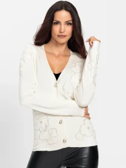 Strickjacken|heine Feinstrickjacke mit Blüten-Applikationen ecru