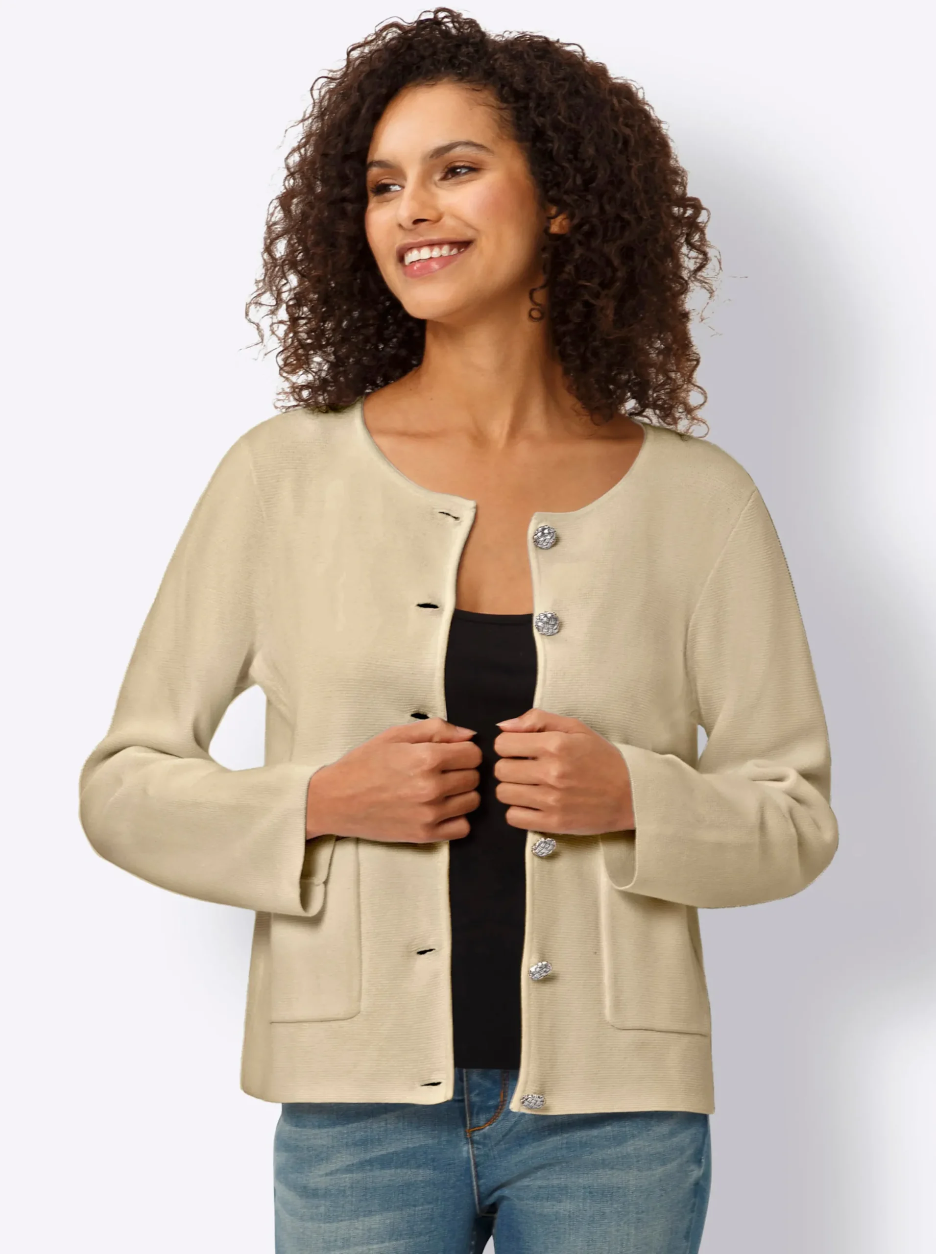 Strickjacken|heine Feinstrickjacke mit Taschen sand