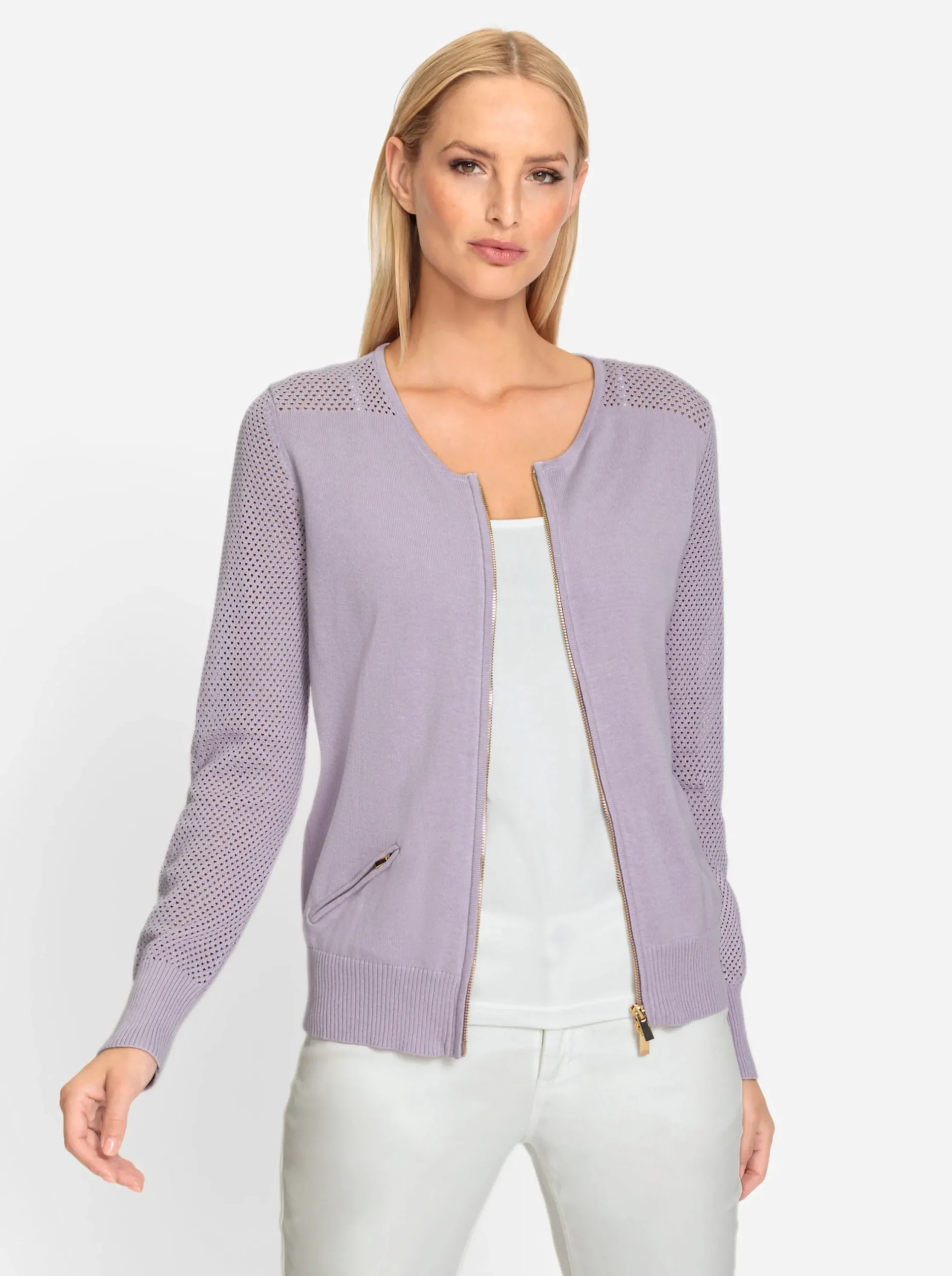 Strickjacken|heine Feinstrickjacke mit 2-Wege-Reißverschluss flieder