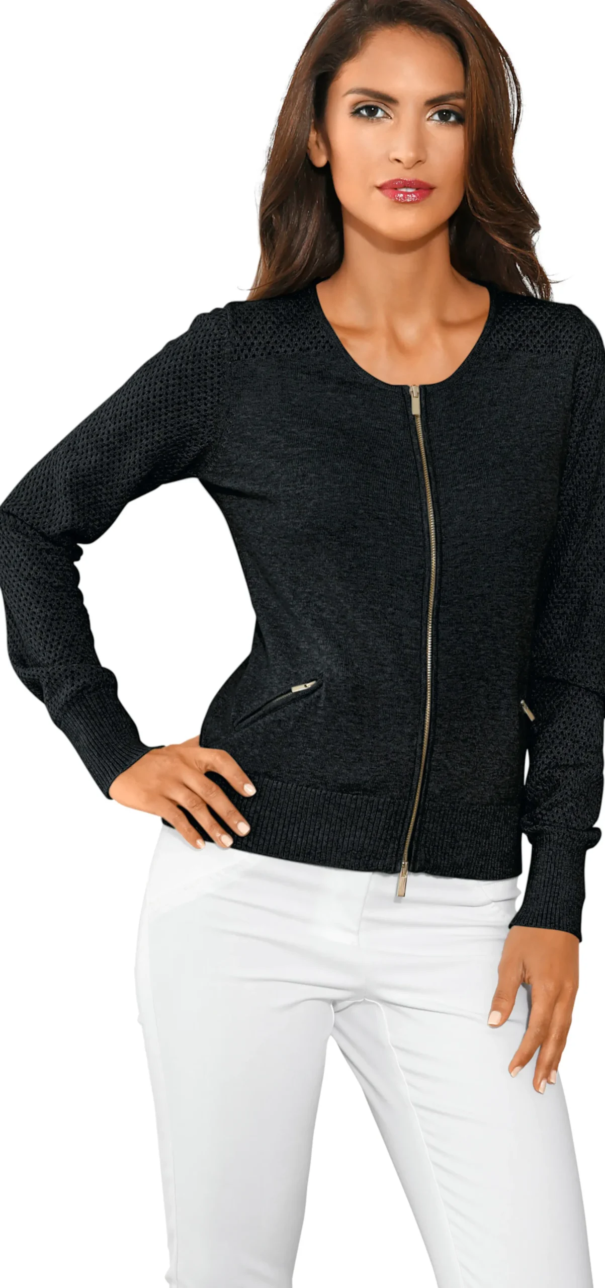 Strickjacken|heine Feinstrickjacke mit 2-Wege-Reißverschluss schwarz