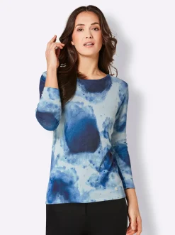 Pullover|CREATION L PREMIUM Feinstrickpullover hellblau-marine-bedruckt