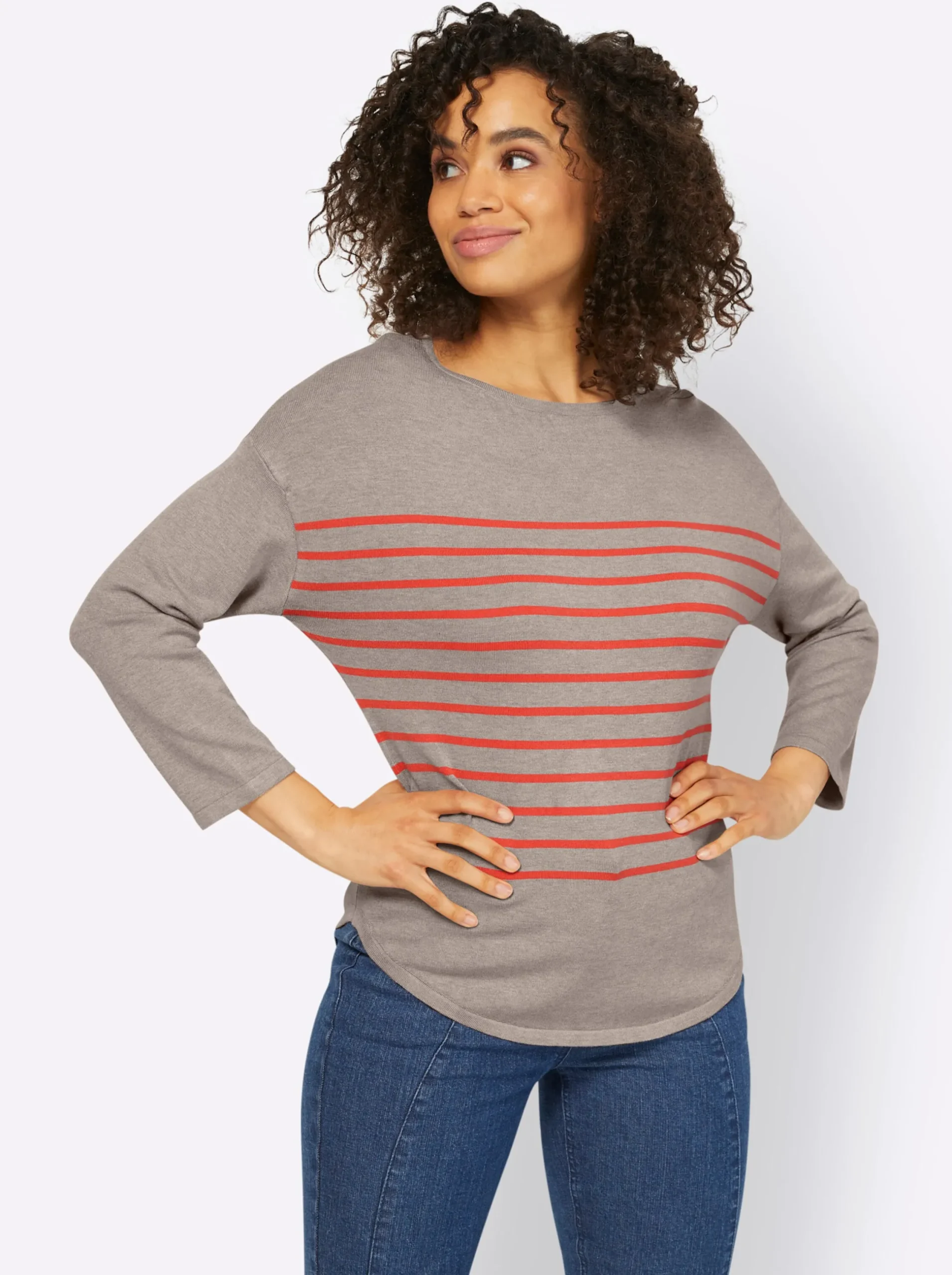 Pullover|heine Feinstrickpullover mit 3/4-Ärmeln sesam-hummer-gestreift