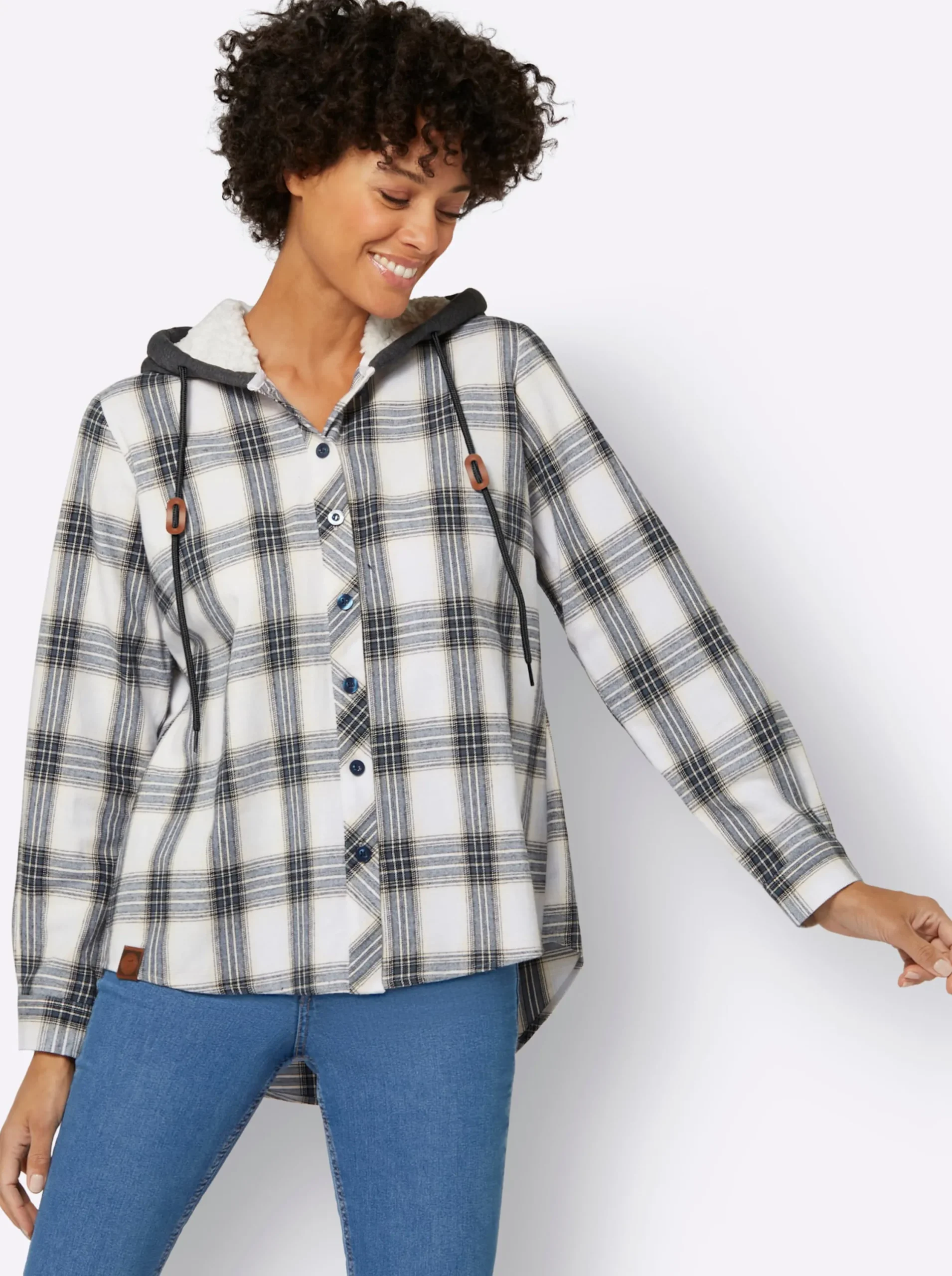 Blusen| Flanellbluse weiß-dunkelblau-kariert