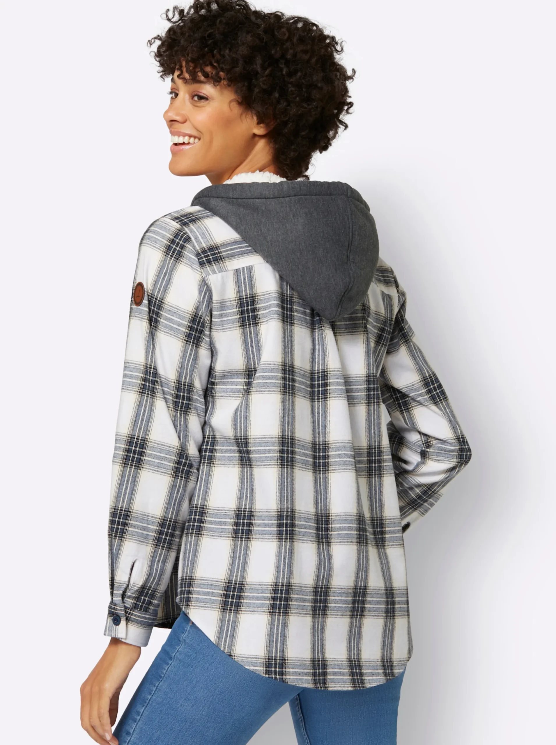 Blusen| Flanellbluse weiß-dunkelblau-kariert