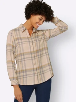 Blusen| Flanellbluse mit krempelbaren Ärmeln camel-steingrau-kariert