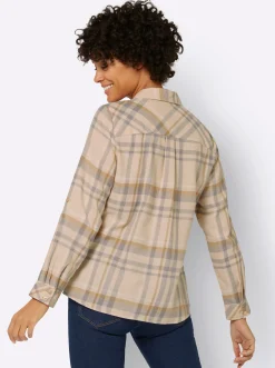 Blusen| Flanellbluse mit krempelbaren Ärmeln camel-steingrau-kariert