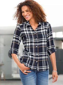 Blusen| Flanellbluse mit krempelbaren Ärmeln marine-camel-kariert