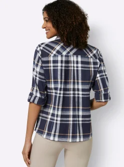 Blusen| Flanellbluse mit krempelbaren Ärmeln marine-camel-kariert