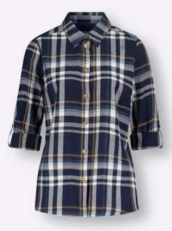 Blusen| Flanellbluse mit krempelbaren Ärmeln marine-camel-kariert