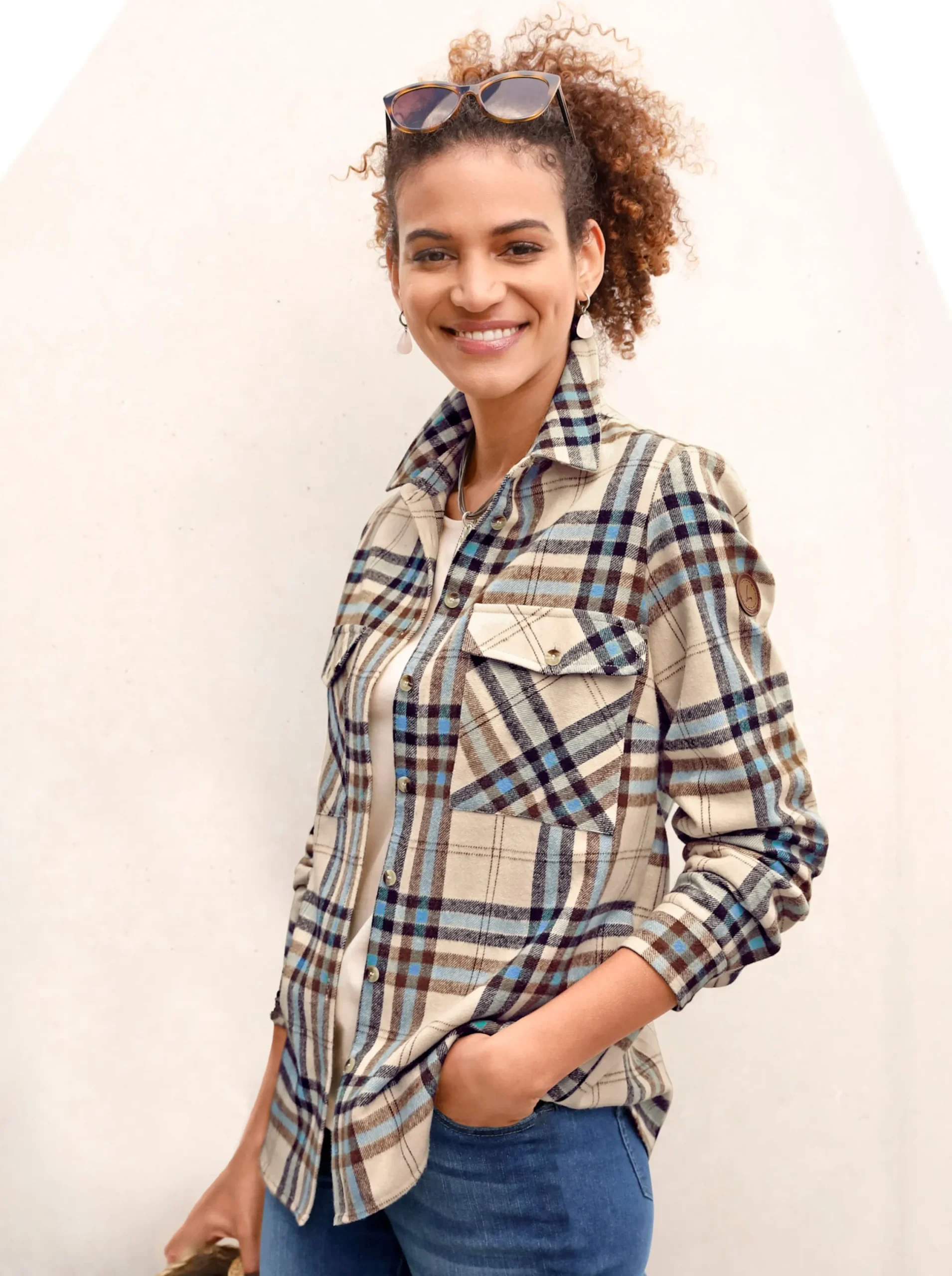 Blusen| Flanellbluse mit mehrfarbigem Webkaro mittelblau-elfenbein-kariert