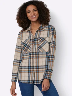 Blusen| Flanellbluse mit mehrfarbigem Webkaro mittelblau-elfenbein-kariert