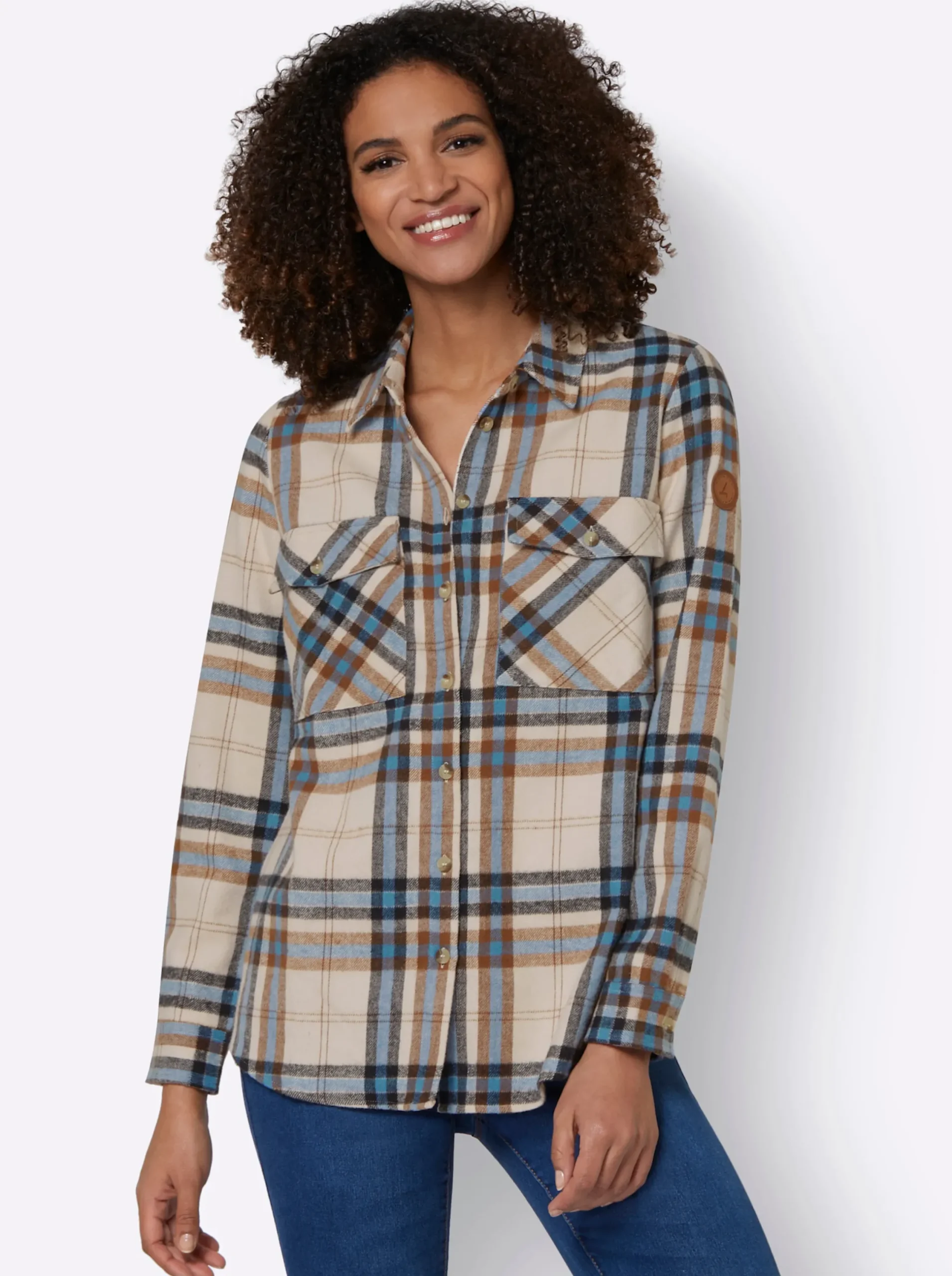Blusen| Flanellbluse mit mehrfarbigem Webkaro mittelblau-elfenbein-kariert