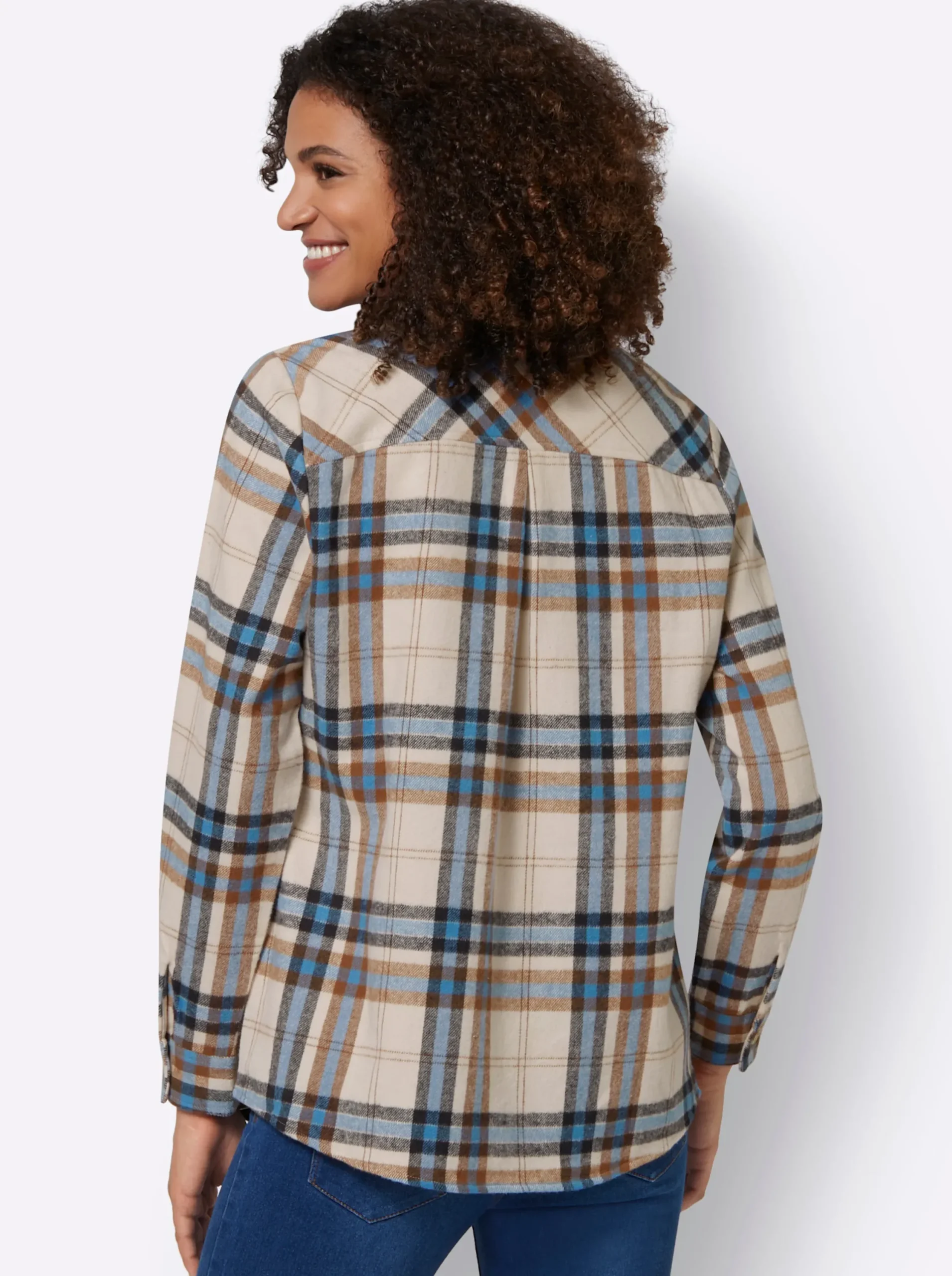 Blusen| Flanellbluse mit mehrfarbigem Webkaro mittelblau-elfenbein-kariert