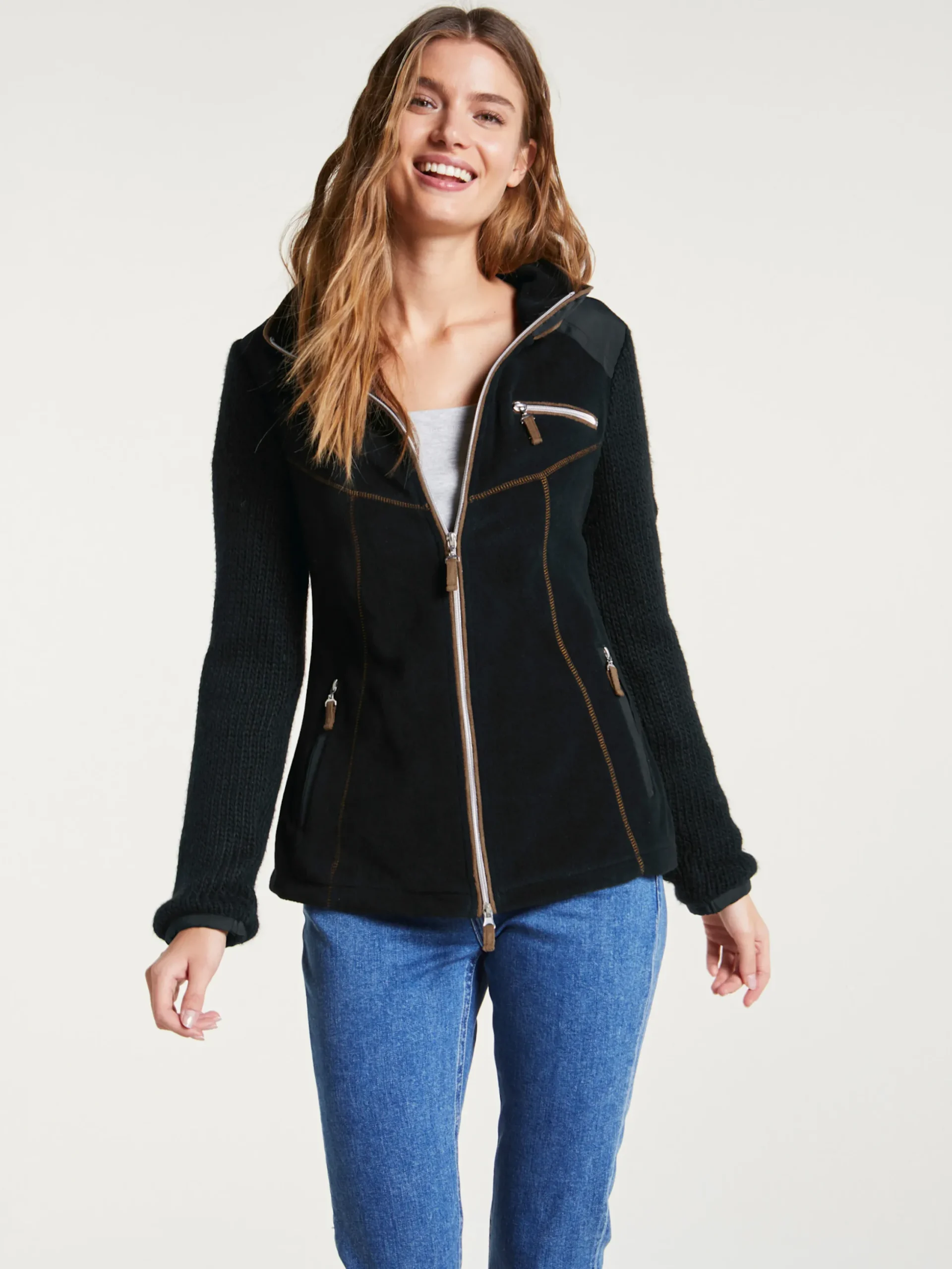 Homewear|Homewear|heine Fleecejacke mit gestrickten Ärmeln schwarz