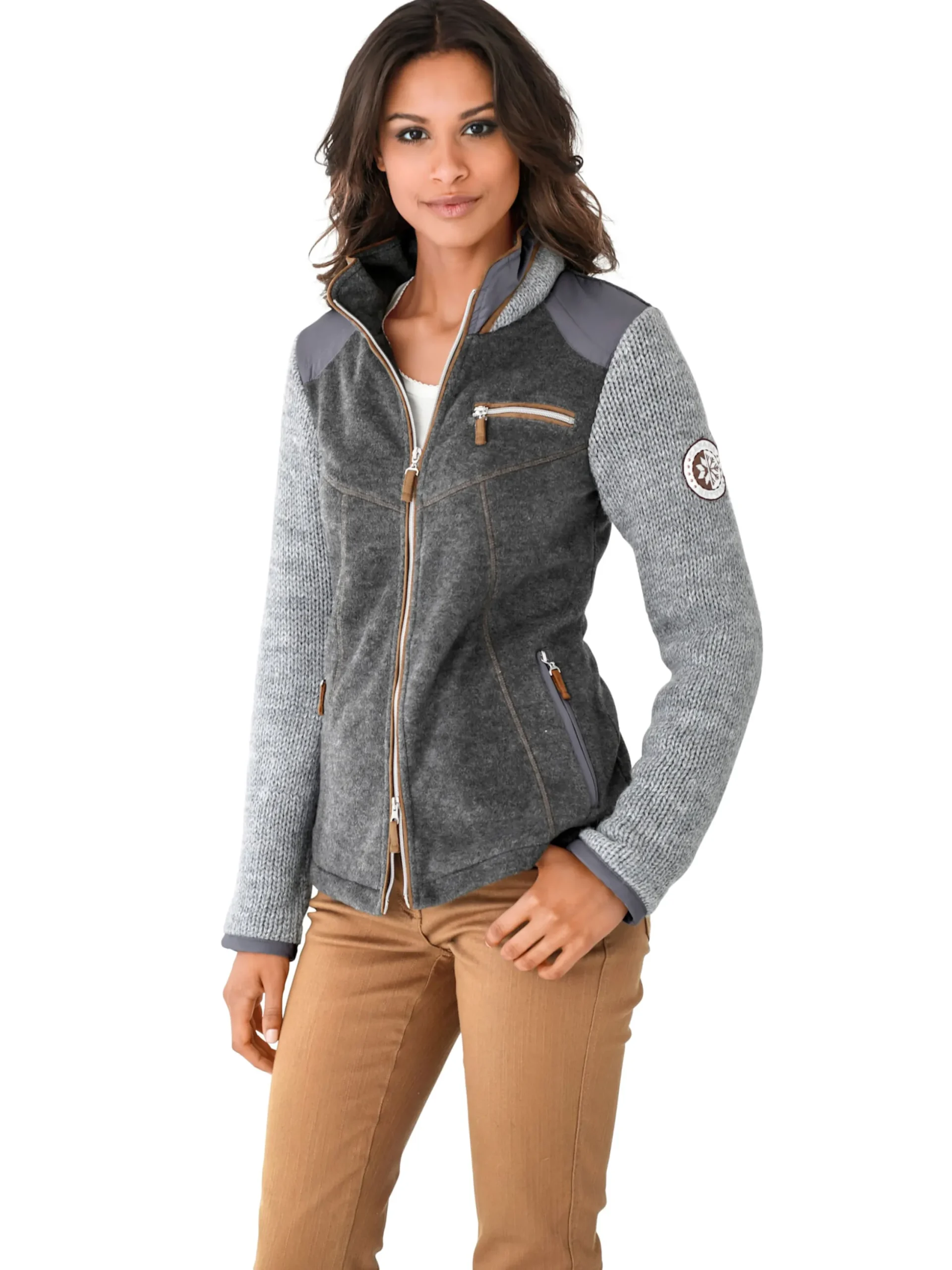 Homewear|Homewear|heine Fleecejacke mit gestrickten Ärmeln grau