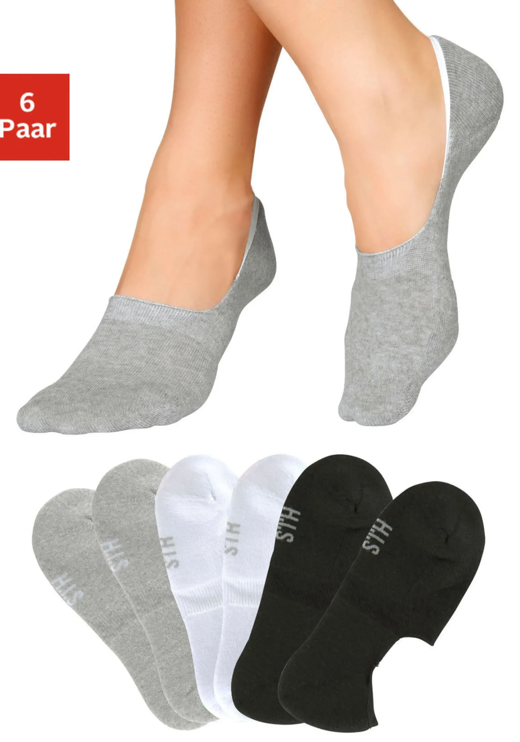 Strümpfe & Socken|H.I.S Füßlinge 2xschwarz,2xweiss,2xgrau-melange