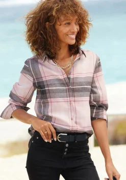 Strandmode|Blusen|Buffalo Hemdbluse rosa-schwarzkariert