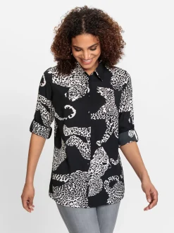 Blusen| Hemdbluse schwarz-ecru-gemustert