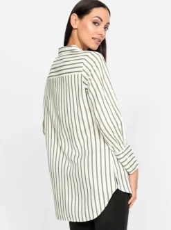 Blusen|heine Hemdbluse in Longform weiß-khaki-gestreift