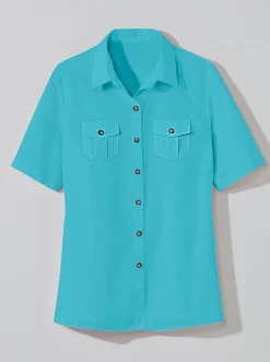 Blusen| Hemdbluse mit Brust-Pattentaschen türkis