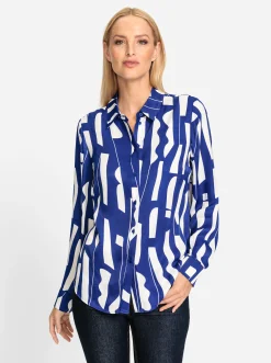 Blusen|heine Hemdbluse mit Grafik-Dessin royalblau-ecru-bedruckt