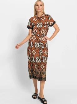 Kleider|heine Hemdblusenkleid mit Bindegürtel cognac-schwarz-bedruckt