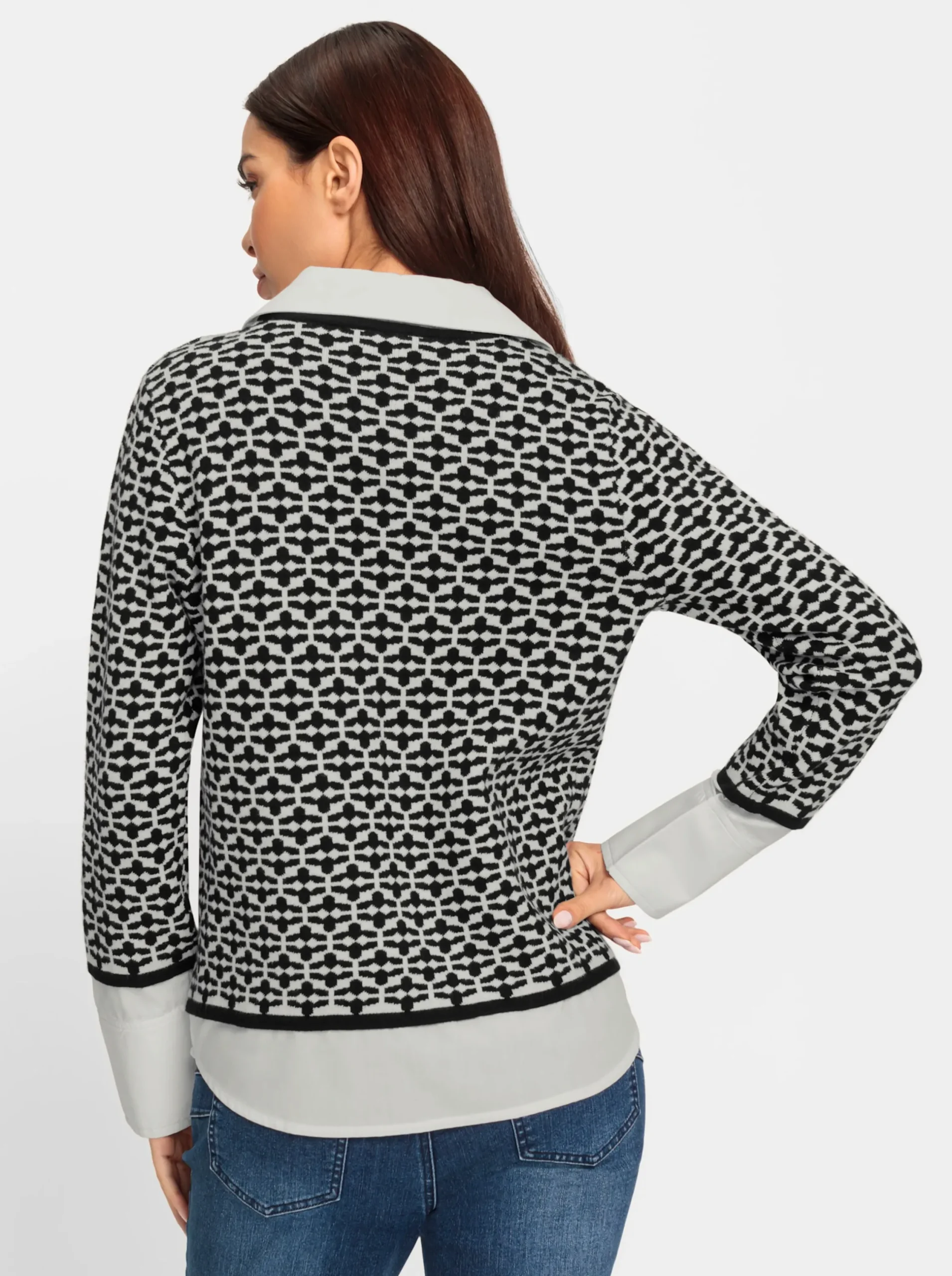 Pullover|heine 2-in-1-Pullover Mit Blusen-Einsatz schwarz-ecru-gemustert