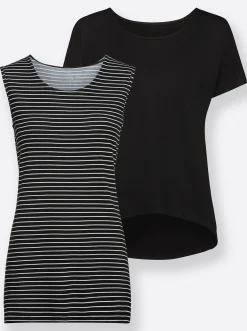 Strandmode| 2-in-1-Shirt mit Ringel-Top schwarz