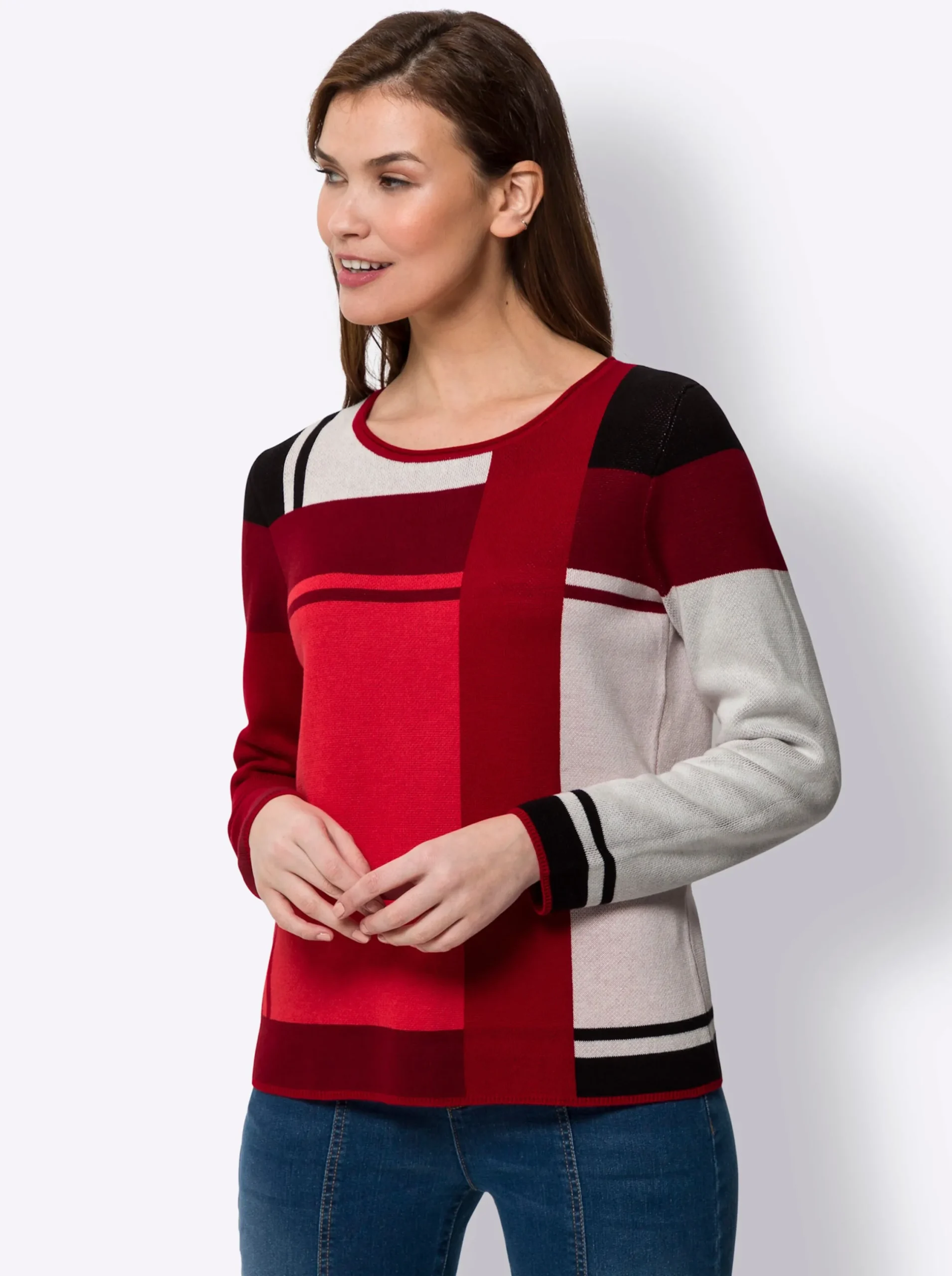Pullover|heine Jacquardpullover im Colour-Blocking rot-schwarz-gemustert