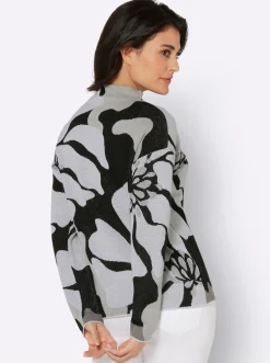 Pullover| Jacquard-Pullover mit Glitzergarn, floral schwarz-ecru-gemustert