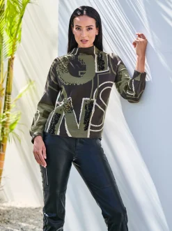 Pullover|heine Jacquard-Pullover mit Glitzersteinchen sand-khaki-gemustert