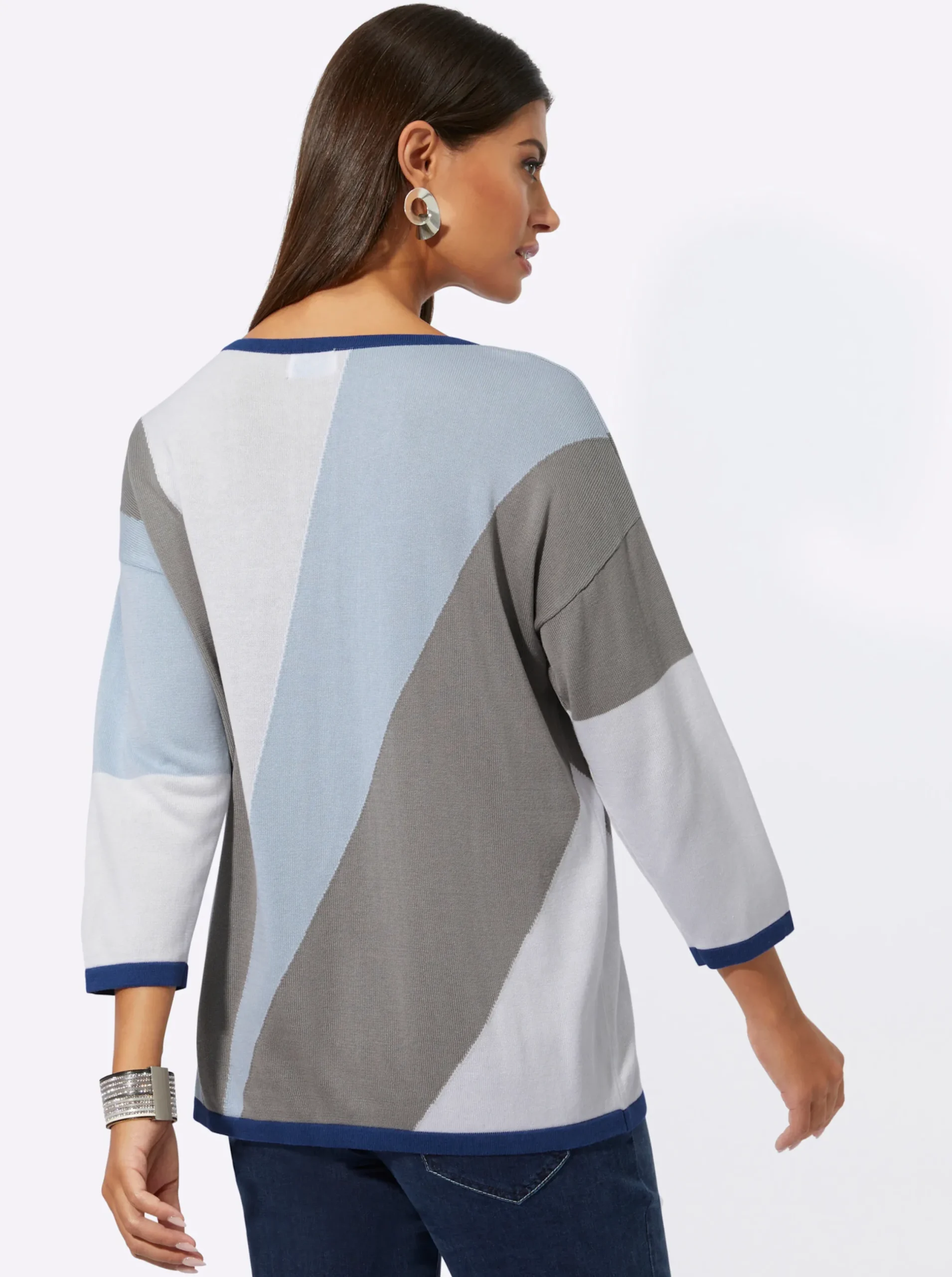 Pullover| Jacquard-Pullover mit Glitzersteinchen hellblau-ecru-gemustert