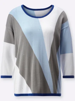 Pullover| Jacquard-Pullover mit Glitzersteinchen hellblau-ecru-gemustert