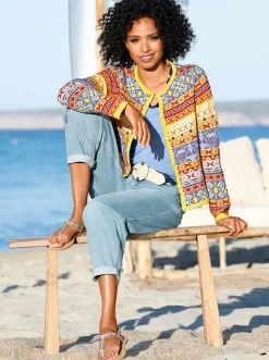 Strickjacken|heine Jacquardstrickjacke im bunten Farbmix limone-eisblau-gemustert