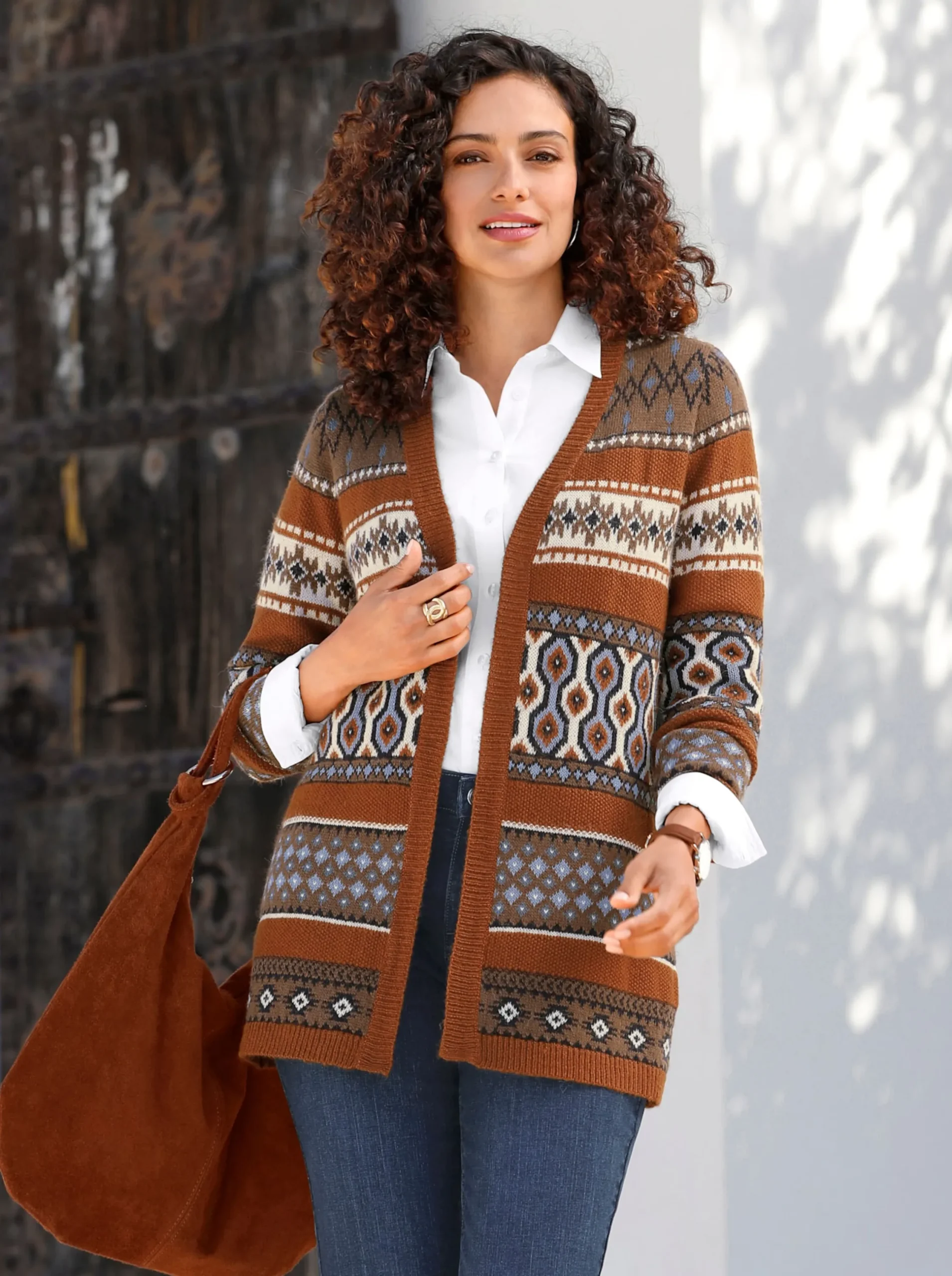 Strickjacken| Jacquardstrickjacke in Longform marine-cognac-gemustert