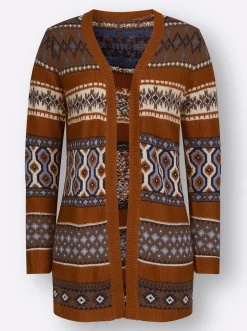 Strickjacken| Jacquardstrickjacke in Longform marine-cognac-gemustert