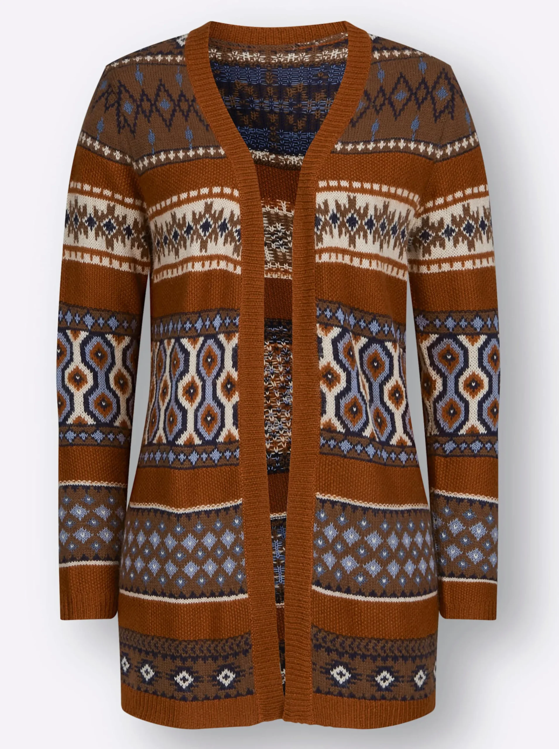 Strickjacken| Jacquardstrickjacke in Longform marine-cognac-gemustert