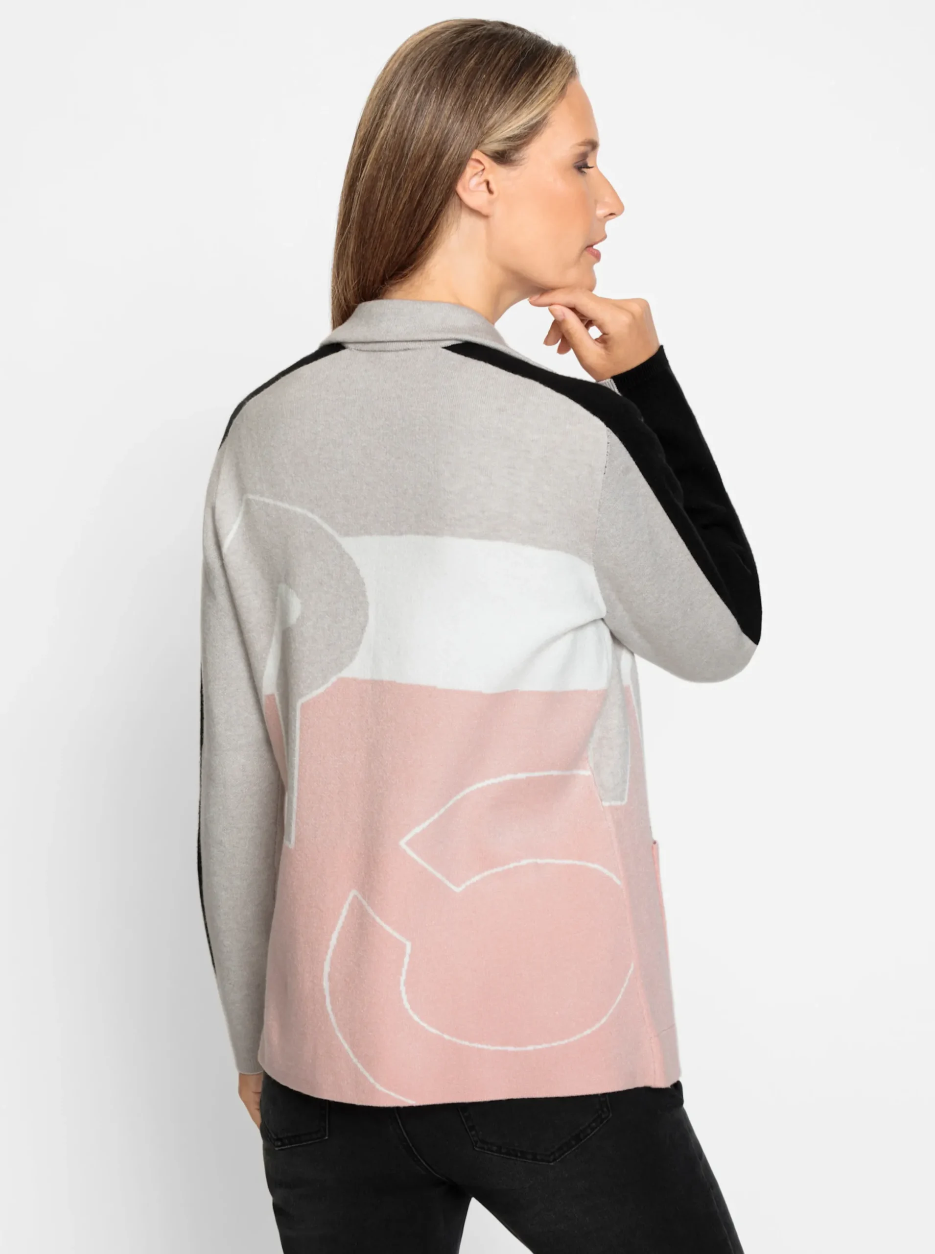 Strickjacken|heine Jacquardstrickjacke mit Reverskragen hellgrau-ecru-gemustert
