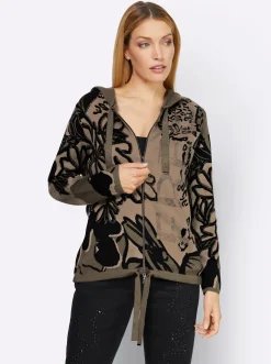 Strickjacken|heine Jacquardstrickjacke mit weitenverstellbarer Kapuze khaki-schlamm-gemustert