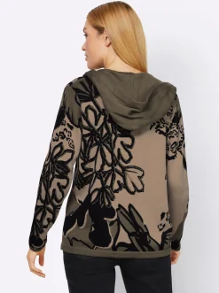 Strickjacken|heine Jacquardstrickjacke mit weitenverstellbarer Kapuze khaki-schlamm-gemustert
